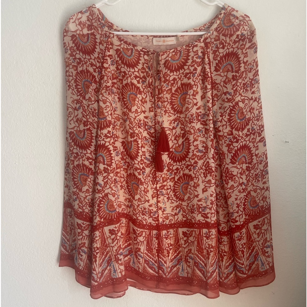 TORY BURCH~Print Blouse~100% Silk~Raglan Sleeve~Front Tassle Tie~Boho